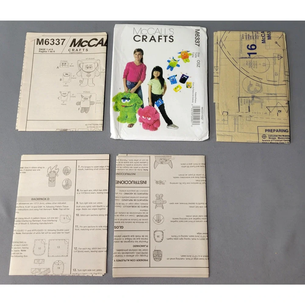 McCalls Sewing Pattern Monster Backpack #M6337 Craft 2011‎ UNCUT